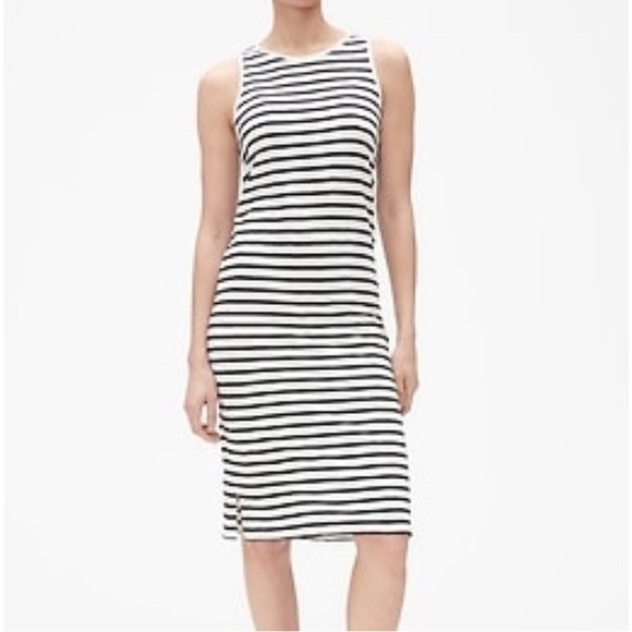 LOFT Navy Striped Racerback Cotton Linen Midi Dress Size Large - Picture 1 of 6